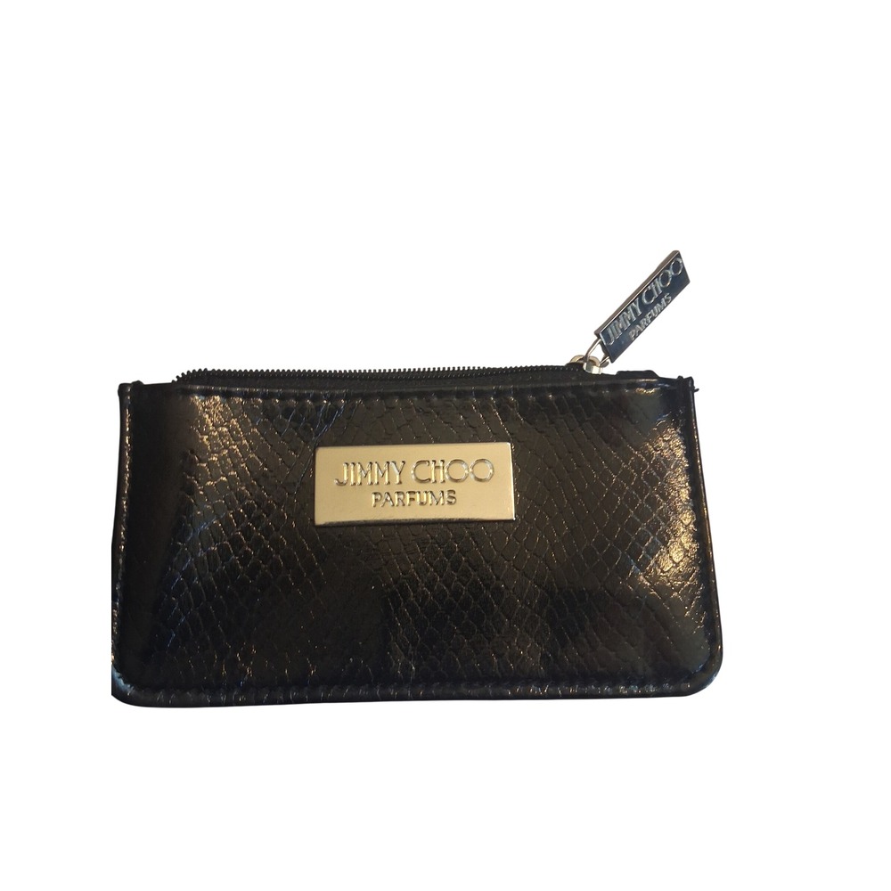 Jimmy Choo Parfums Black Fax Snakeskin Embossed Zip Coin Purse Pouch Logo Plaque